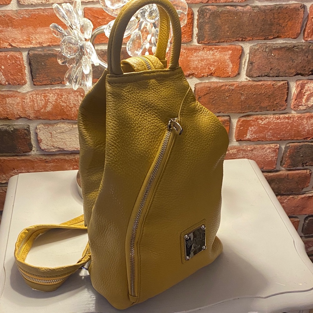Pebbled Yellow Leather Women's Backpack with Metal Plate Accent